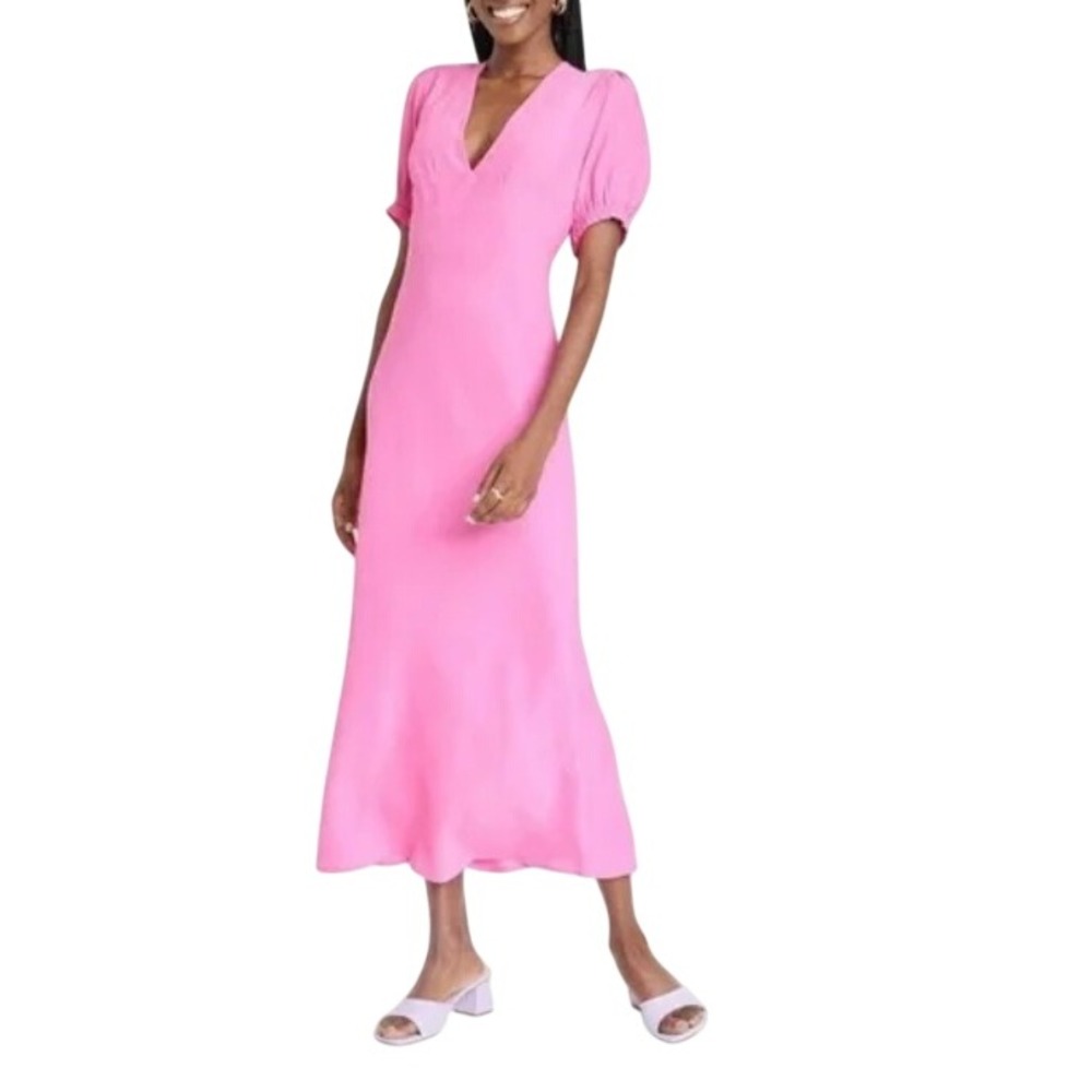 A New Day Pink V Neck Short‎ Puff Sleeve Long Maxi Dress Size XXL